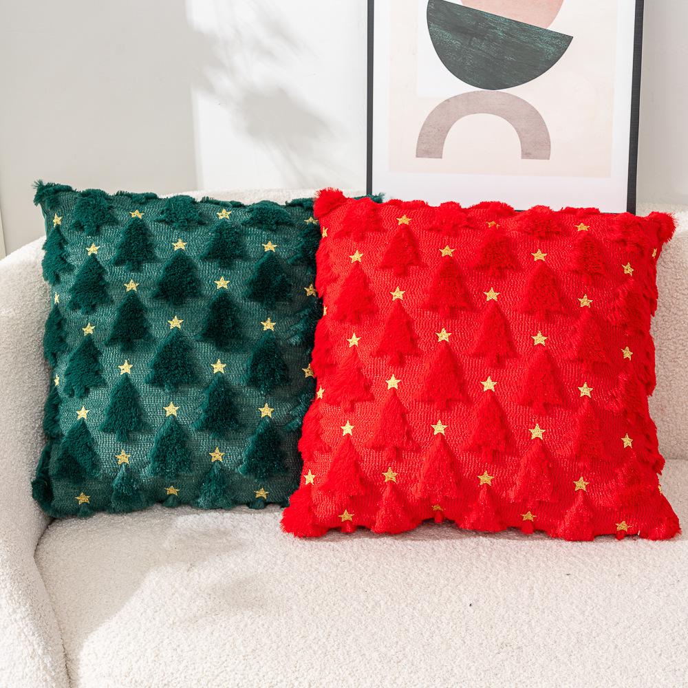 Christmas Tree Fleece Cushion Cover with Star Embroidery - Holiday Sofa Decoration Pillow Cover
