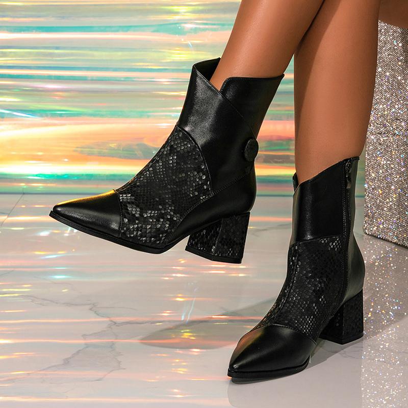 Fashion Liyke Fashion Zip Button Ankle Boots Women Black Leather Pointed Toe Sequined Square High Heels Party Prom Chelsea Shoes Szie 42