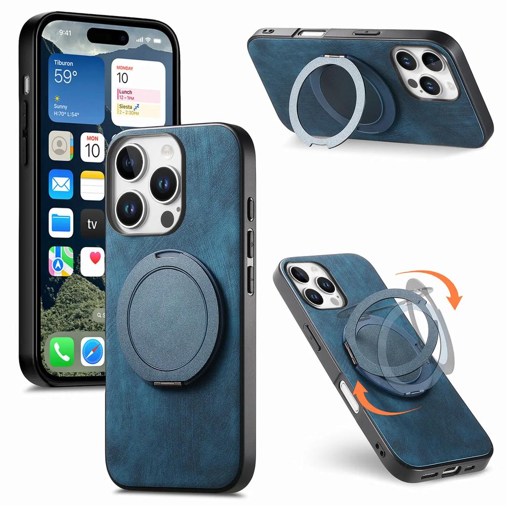 360 Rotating Ring Holder Kickstand Case For iPhone 16 Pro Max 15 Plus 14 13 12 11 SE 2024 Retro Pu Leather Back Magnetic Cover