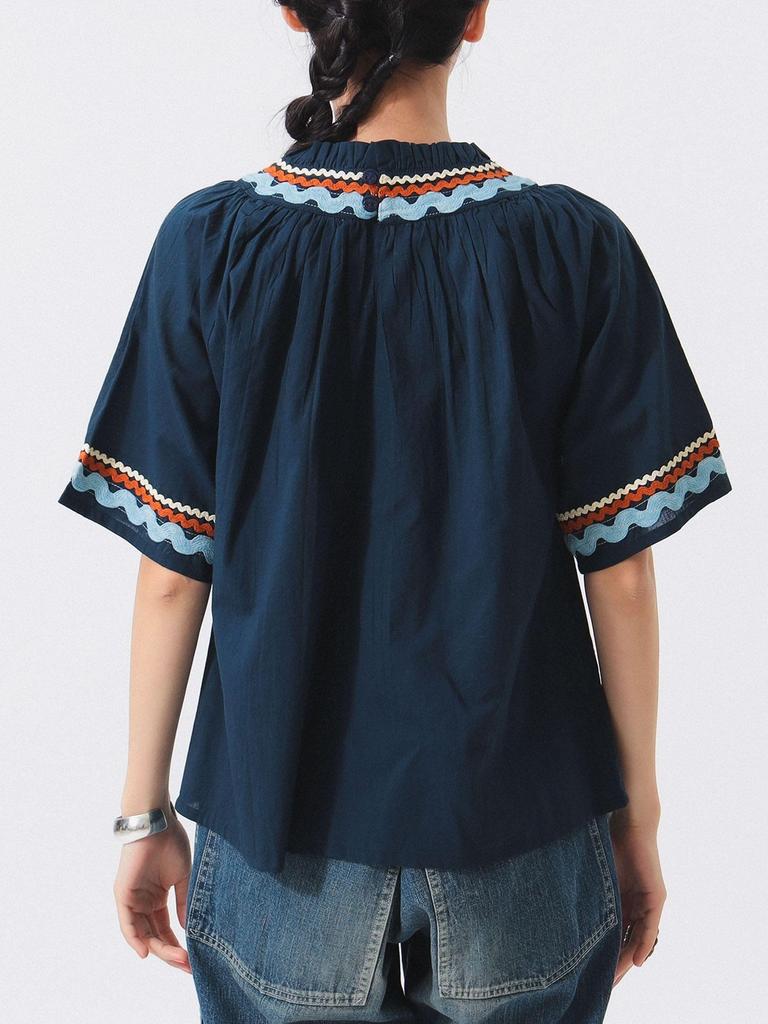Beams Boy Shirt Trepied Tape Gathered Smock Navy Free S/S [Special Order] Women's