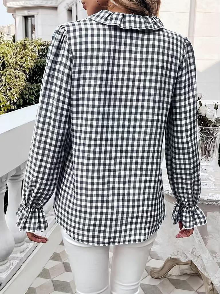 2026 Spring/Summer Women's Elegant Ruffle Plaid Long Sleeve Shirt