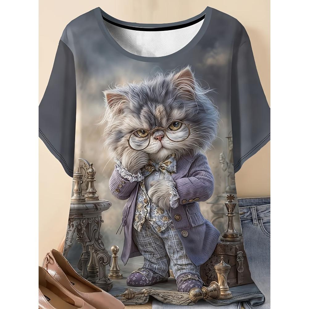 

Plus Size Casual Crew Neck Short Sleeve Cartoon Animal Print T-Shirt - Soft Stretch Polyester Fabric Spring and Summer Womens Relaxed Fit Clothing 7XL