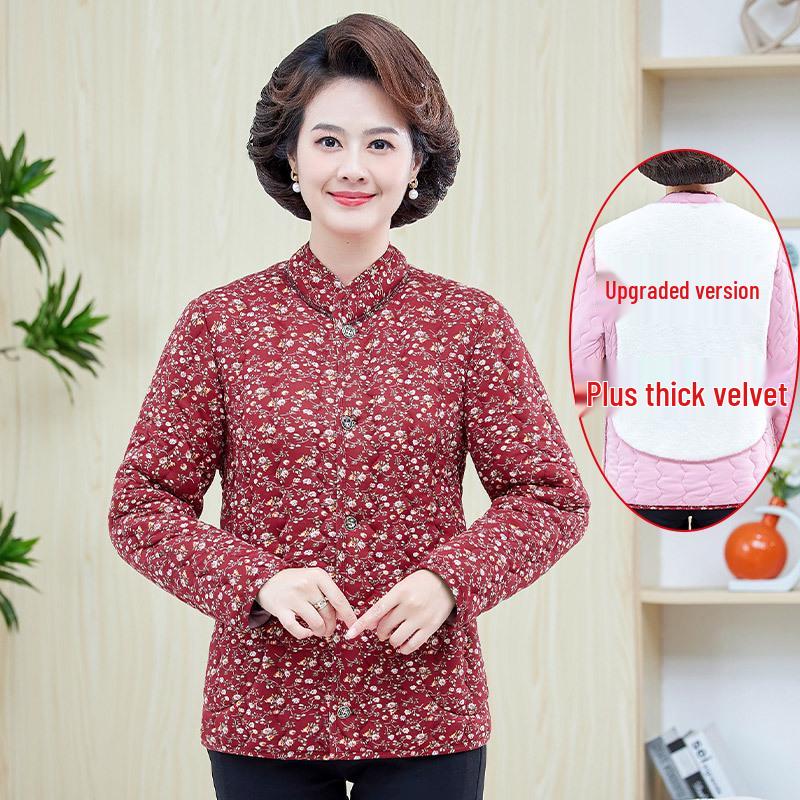 Mom's Floral Plush Winter Jacket - Thickened Cotton, Lightweight for Mid-Aged & Elderly