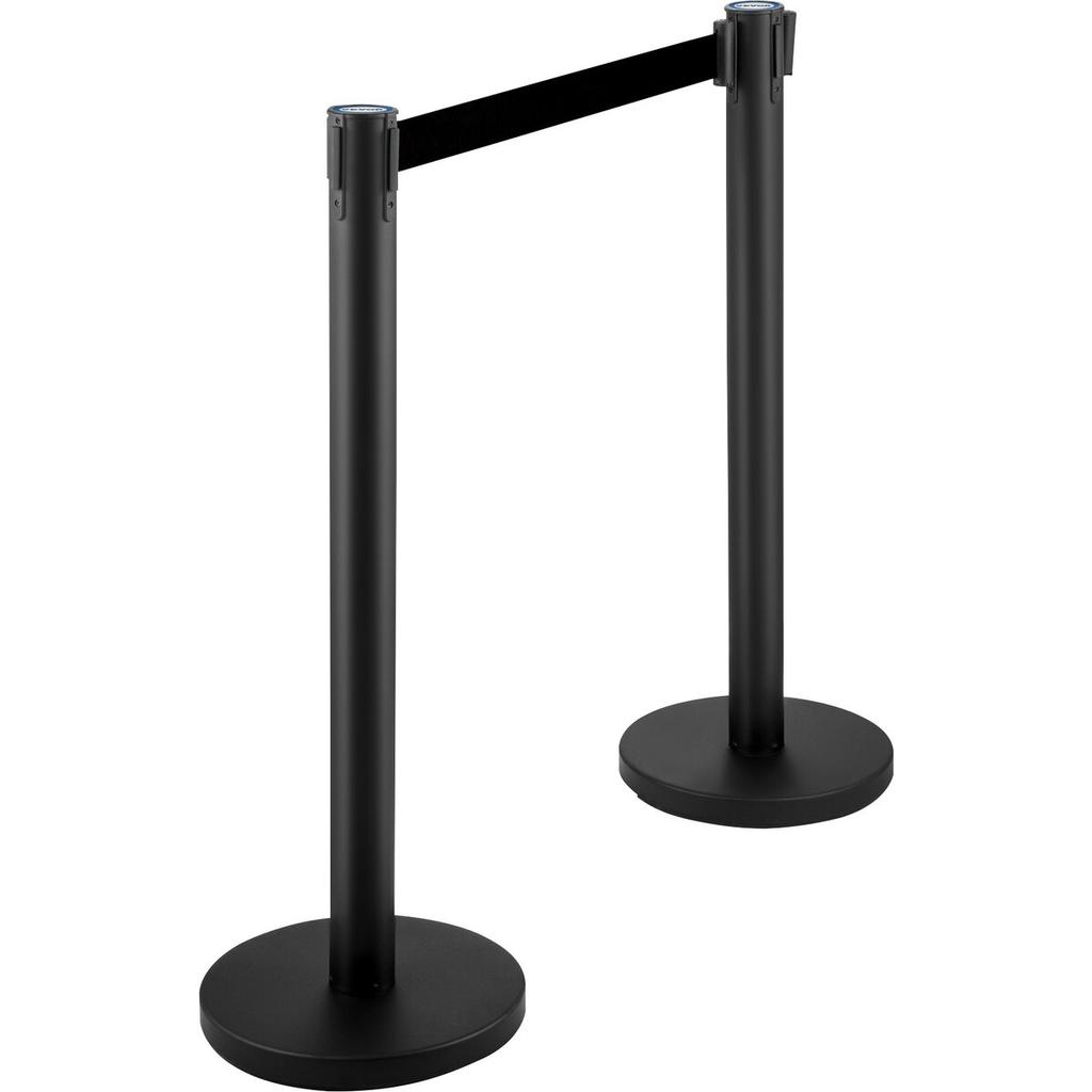 Crowd Control Stanchion, Set of 4 Pieces Stanchion Set, Stanchion Set with 6.6 ft/2 m Black Retractable Belt, Black Crowd Control Barrier w/ Concrete