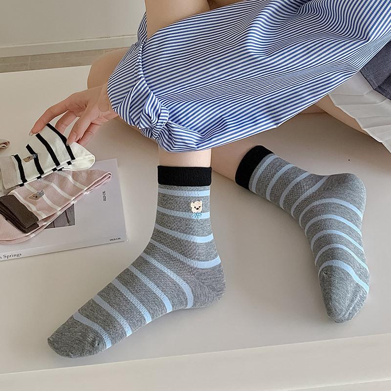 25 Summer Socks Women'S Mesh Thin Medium Tube Cotton Socks Striped Bear Embroidered Stacking Socks Trendy Women'S Socks
