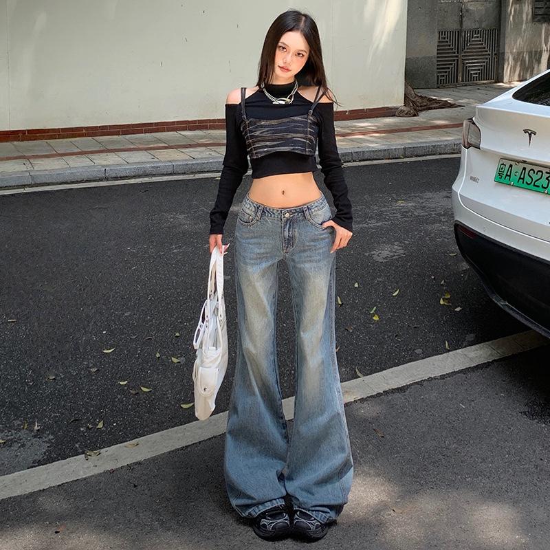 

Женские осенние джинсы микро-клеш - Американский стиль, Свободные, Стройнящие, Прямые брюки L