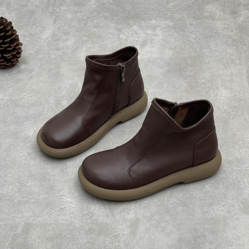 Johnature Handmade Genuine Leather Ankle Boots Casual Round Toe Side Zipper Soft Soled Cowhide Women's Shoes