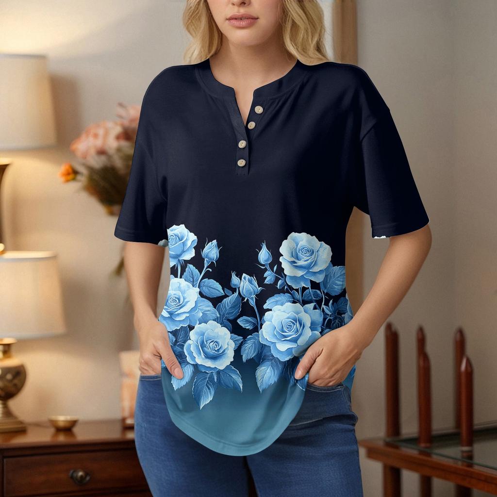 Dámské topy s krátkým rukávem, letní trička, květinový potisk, výstřih do V, ležérní základní trička s knoflíky, tuniky