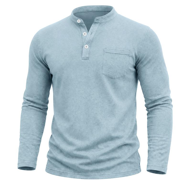 Men S Vintage Washed Long Sleeve Stand Collar Henley Shirt