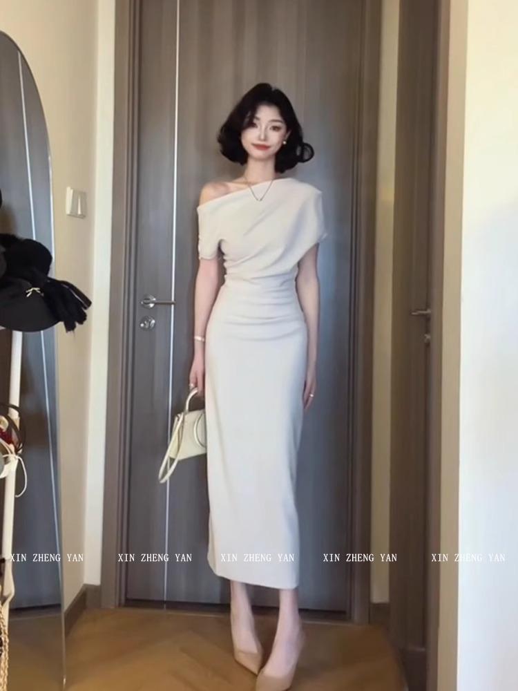 2026 Elegant Korean One-Shoulder Bodycon Dress - Spring/Summer Slim-Fit with Flowy Collar