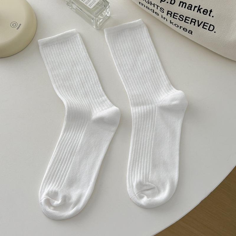 5 Pairs of Women's Trendy Solid Color Vertical Striped Mid Tube Stack Socks