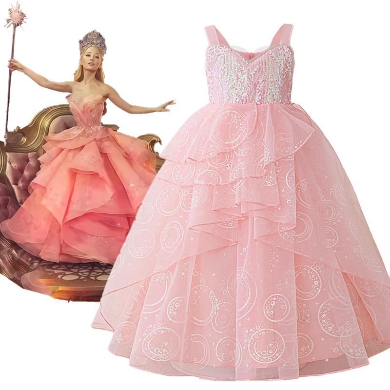 Movie Wicked Glinda Elphaba Costumes Girl Pink Witch Glinda Tulle Girls Dress Children Birthday Party Halloween Carnival Dresses 100cm