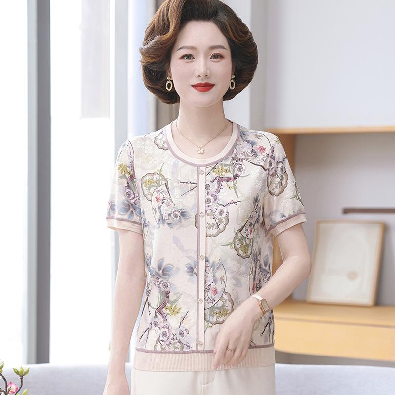 

Chinese Style High-End Ice Silk Summer T-shirt for Middle-Aged and Elderly Women, Short Sleeve, Stylish Thin Blouse for Moms 2XL (110-120 lbs recommended)