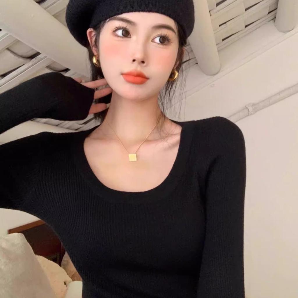 Women's U-Neck Low-Cut Knitwear Top Autumn Winter Base Shirt Slim Fit Tight Short Sweater