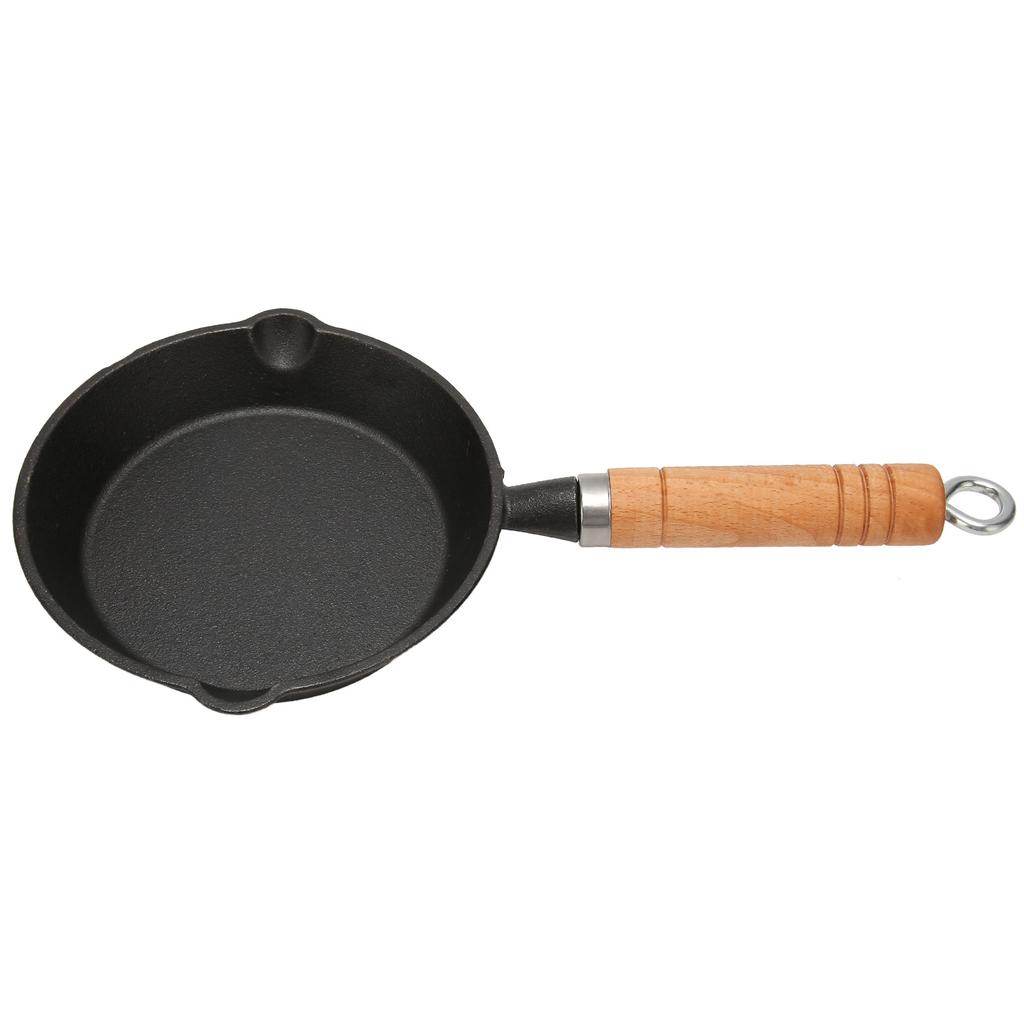 Frying Pan Cast Iron Skillet Drip Spouts Wooden Handle Stain Resistant Quick Heat Easy To Clean Cook Pan