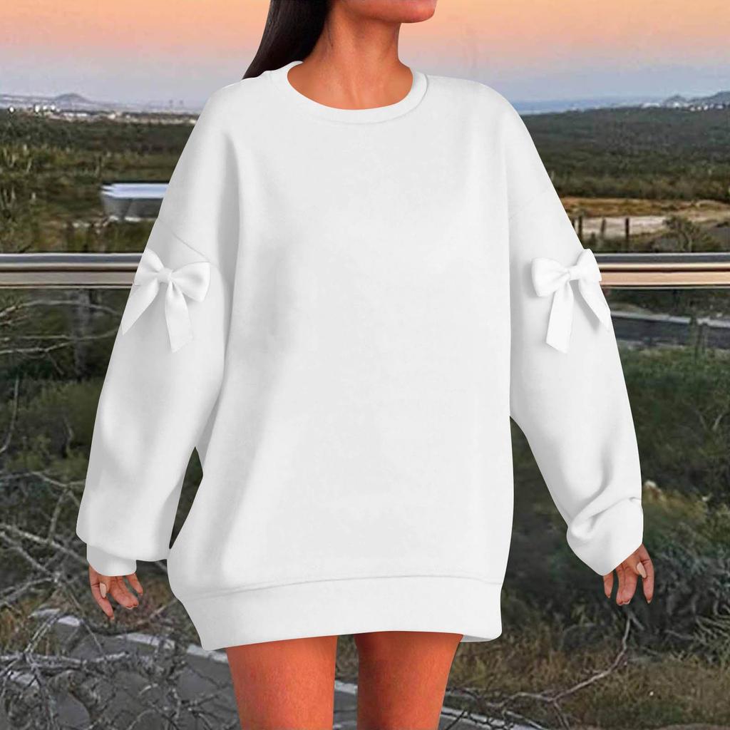 Women's Solid Color Bow Round Neck Long Sleeved Loose Pullover Sweater Sweatshirt