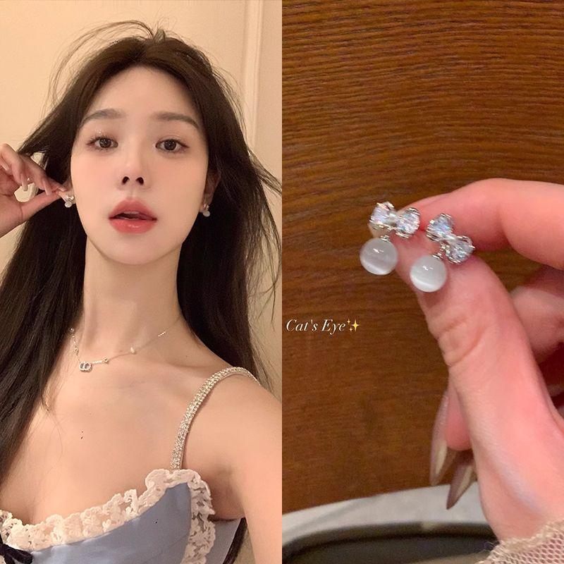 

Доступная роскошь Стильная женщина без проколотых ушей Москитная спираль Опал Bows cat s eye 925 silver needle pair