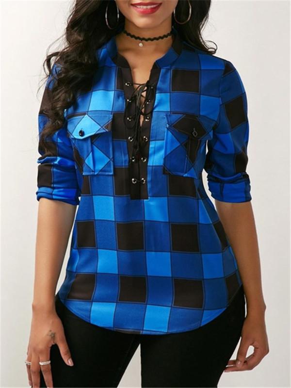 Lace Up Front Blouse Sexy V-neck 