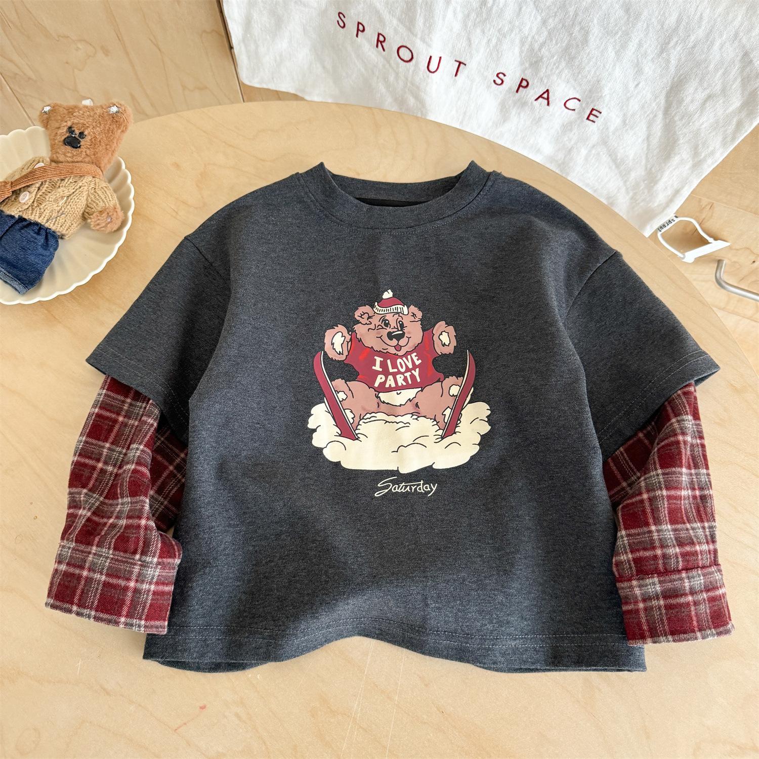 Boys Long Sleeve Cotton Plaid Layered Look T Shirt for Spring and Autumn 80