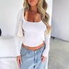 Top Y2K Feminino Slim e Justo Cor Sólida Decote U Manga Longa