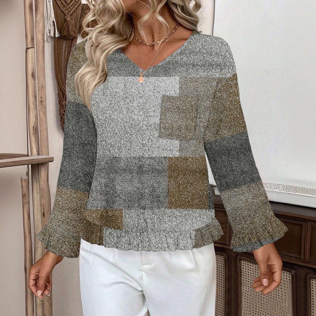 Dámský ležérní módní top s volánky, výstřihem do V, potiskem a dlouhým rukávem