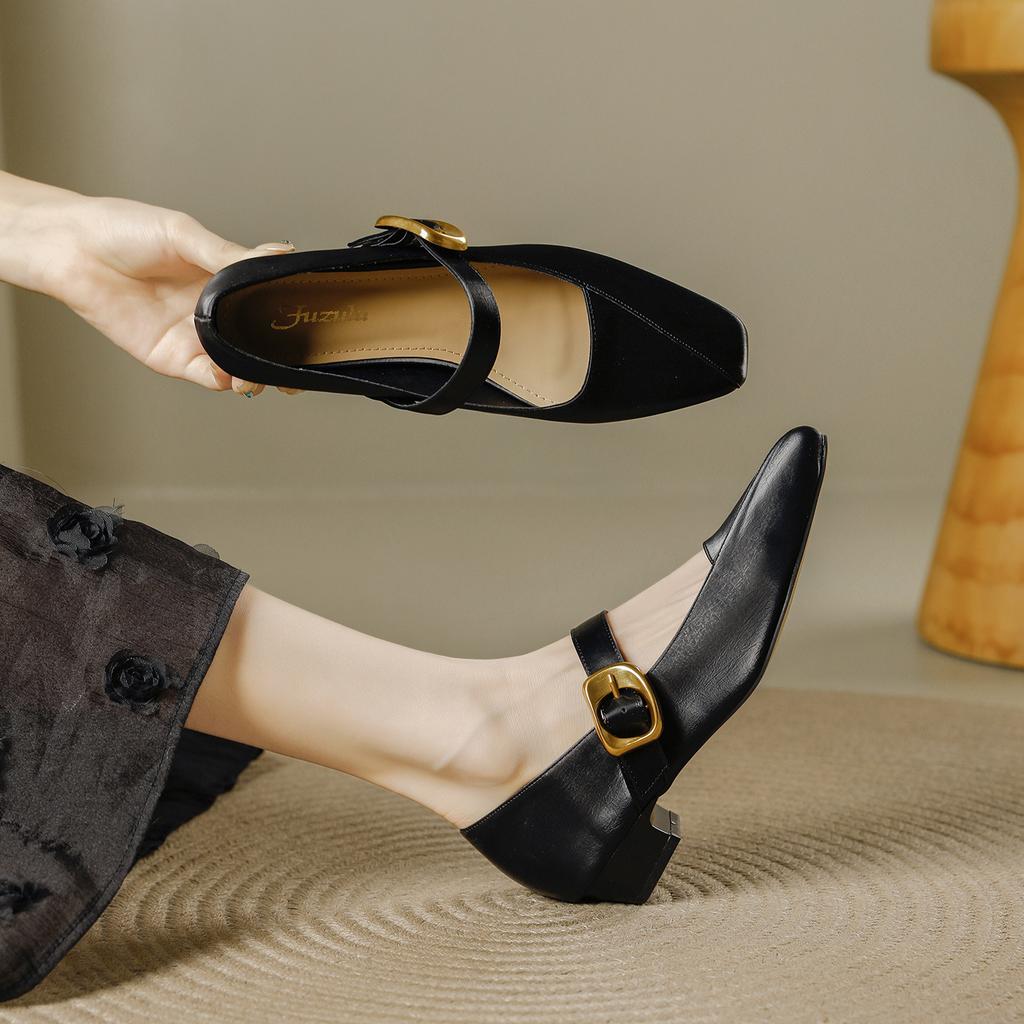 French Thick Heel Single Shoes Women's 2025 Summer New One-word Buckle Retro Commuting Comfortable Soft Sole Mary Jane High Heels