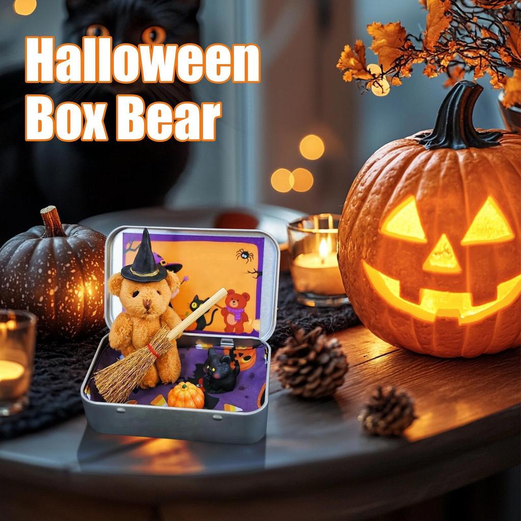 Halloween Bear Box Cute Halloween Bear Gift Box Mini Plush Witch Bear Halloween Toy Party Decoration Gift Desktop Decor