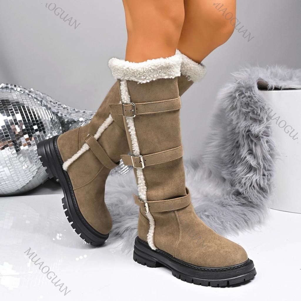 Móda Zima Nové Teplé Sněhule Dámské Pohodlné Plyšové Bavlněné Boty Spona na Pásek Ke Kolenům Kožešinové Všívání Boty Dámské Boty s Tlustým Podpatkem