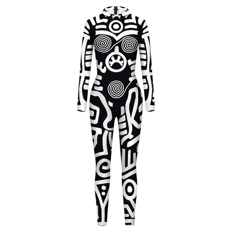 Costume women's new black and white retro abstract pattern digital printing Halloween performance one-piece costume