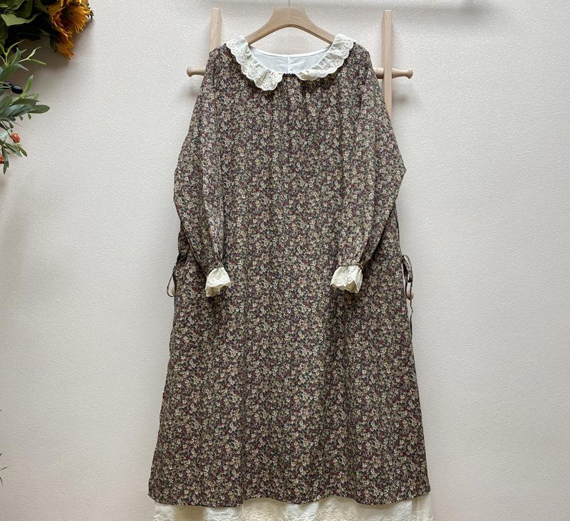 Johnature Japanse Bloemenjurk Losse Poppenkraag Strik Fake Twee Lange Mouwen Lange Jurken Vrouwen