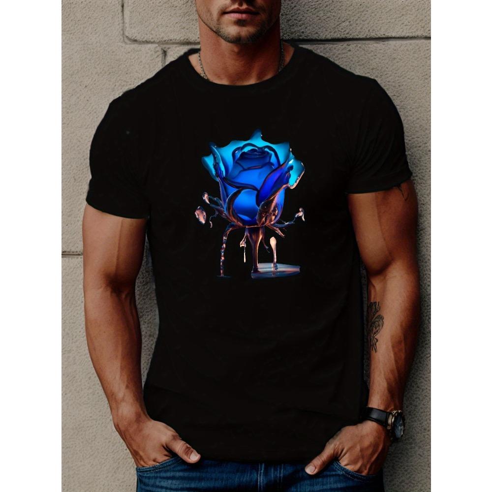 

European sizes Blue Rose Print T Shirt, Tees For Men, Casual Short Sleeve T-shirt For Summer 4XL чорний