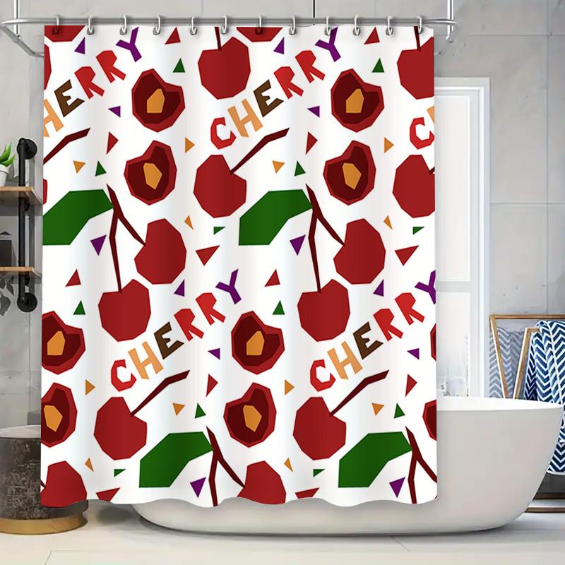 Cherry Shower Curtain White Fabric Waterproof Bath Mat Decorative Red Fruit Pattern Home Decoration Accessory 90x180cm