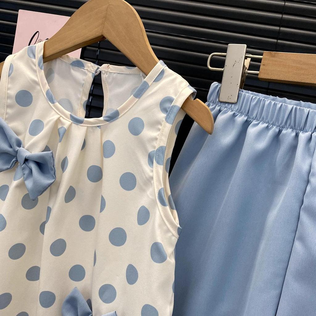 Summer Girls' Polka Dot Bowknot Vest & Straight Leg Pants Set - Fresh Fashion for Kids