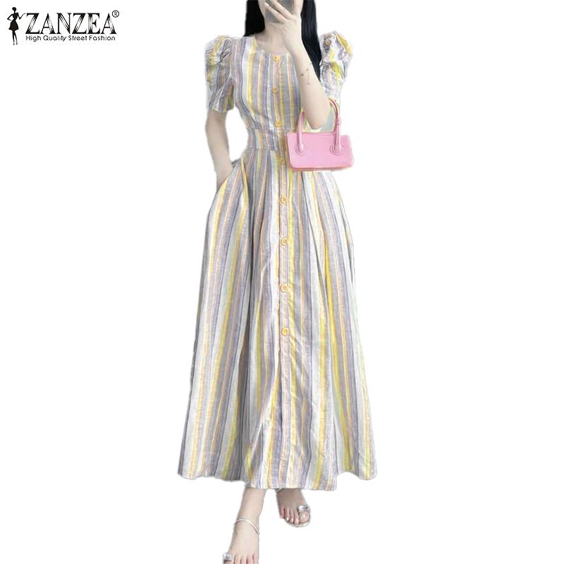 ZANZEA Women Casual Round Neck Short Sleeve Stripe Long Dress