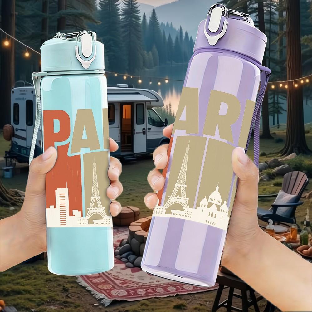 1PC Paris City Building Letter Art 750ml Color Plastic Sports Water Bottle Leakproof Flip Straw Lid Suitable for Sports Office Home Use