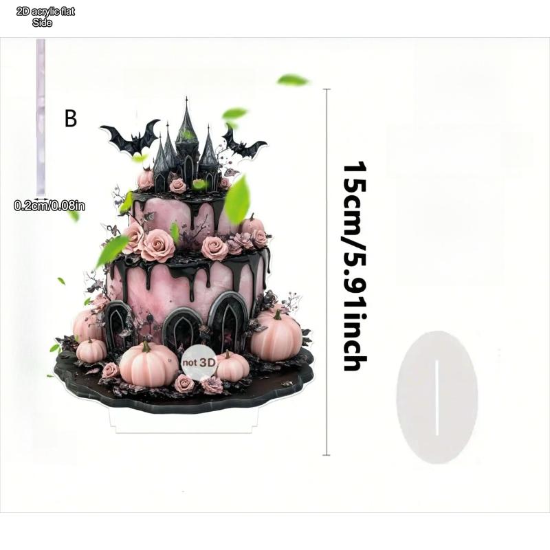 1pcs Halloween Creepy Pink Cake Castle Horror Pumpkin and Bat Tabletop Decoration Ornament - 2D Flat Acrylic Desktop Ornament