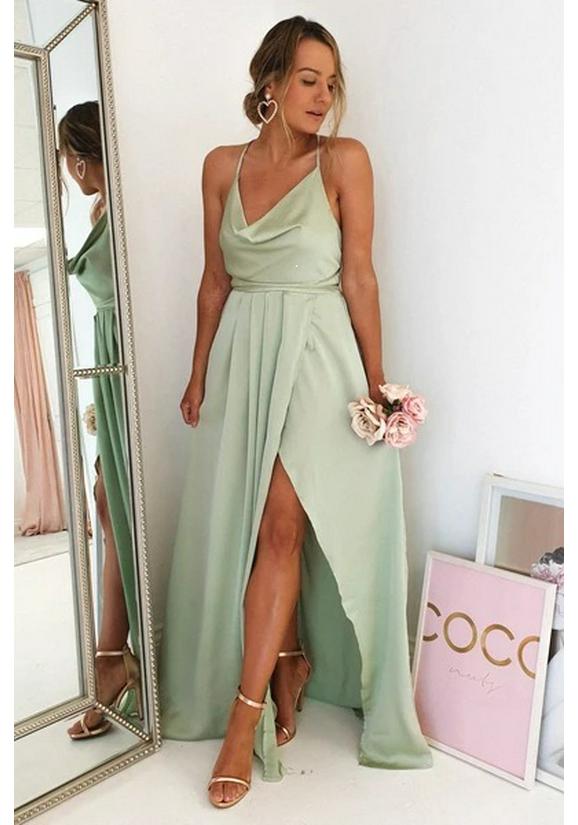 European and American Spaghetti Strap Evening Gown with Sexy Slit - New 2026 Women's Polyester Fashion