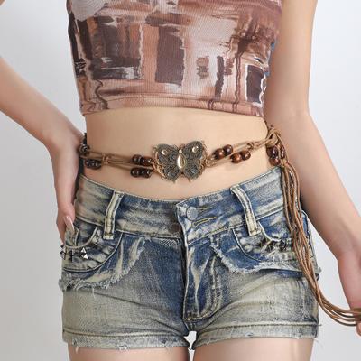 Bohemian Ethnic Style Woven Butterfly Waist Rope with Accessories, Waist Chain Decoration, Belt, Waist Belt, Dress with Waistban