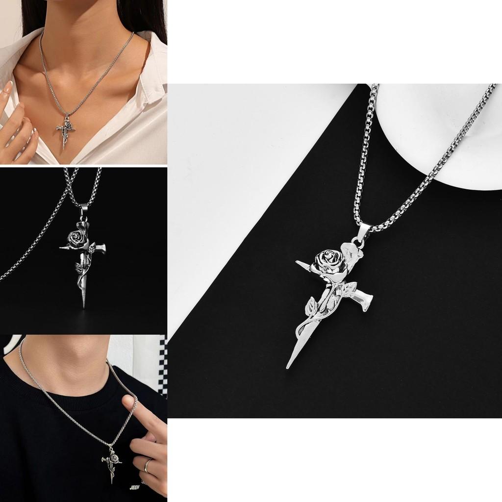 Long Stylish Chain Necklace With Unique Rose Cross Alloy Pendant For Trendsetters