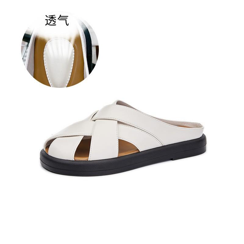 Genuine leather bag head slippers 2025 summer new flat bottom outer wear half drag women's fashion versatile casual shoes beach women's shoes