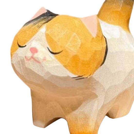 Cat Ornament Hand-Carved Wood Carving Compact Size Kitten Figure Wealth Symbol Desktop Car Bookshelf Decoration