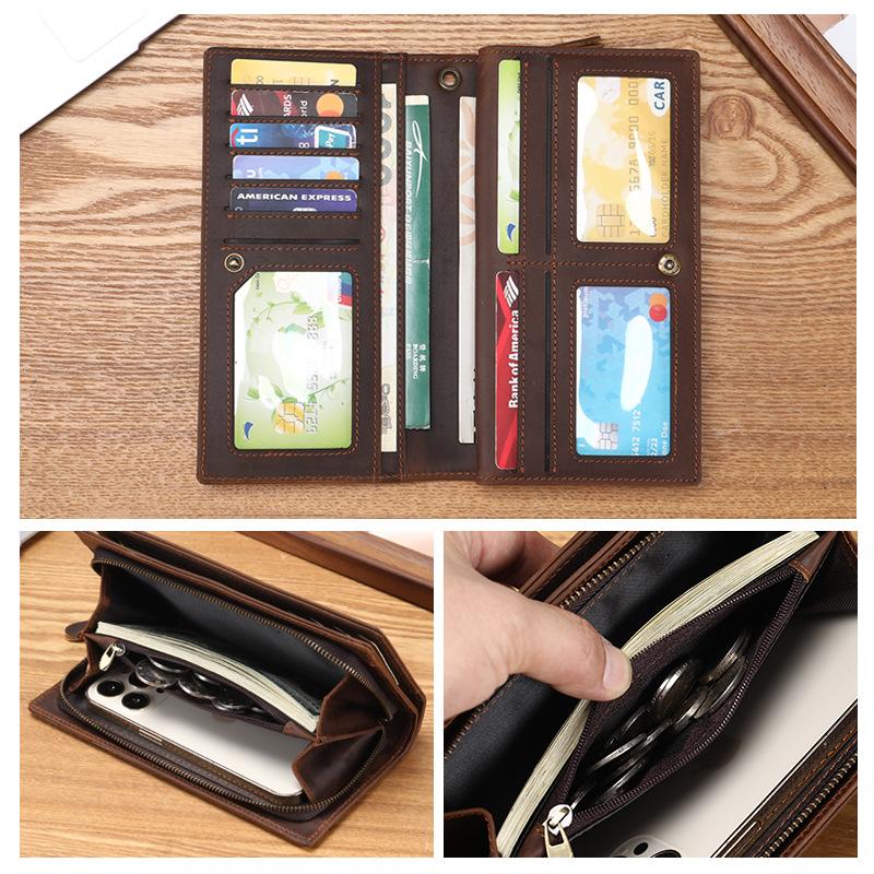 Pánská taška na peníze proti krádeži, Dlouhá z pravé kůže, Vintage pánská vertikální peněženka