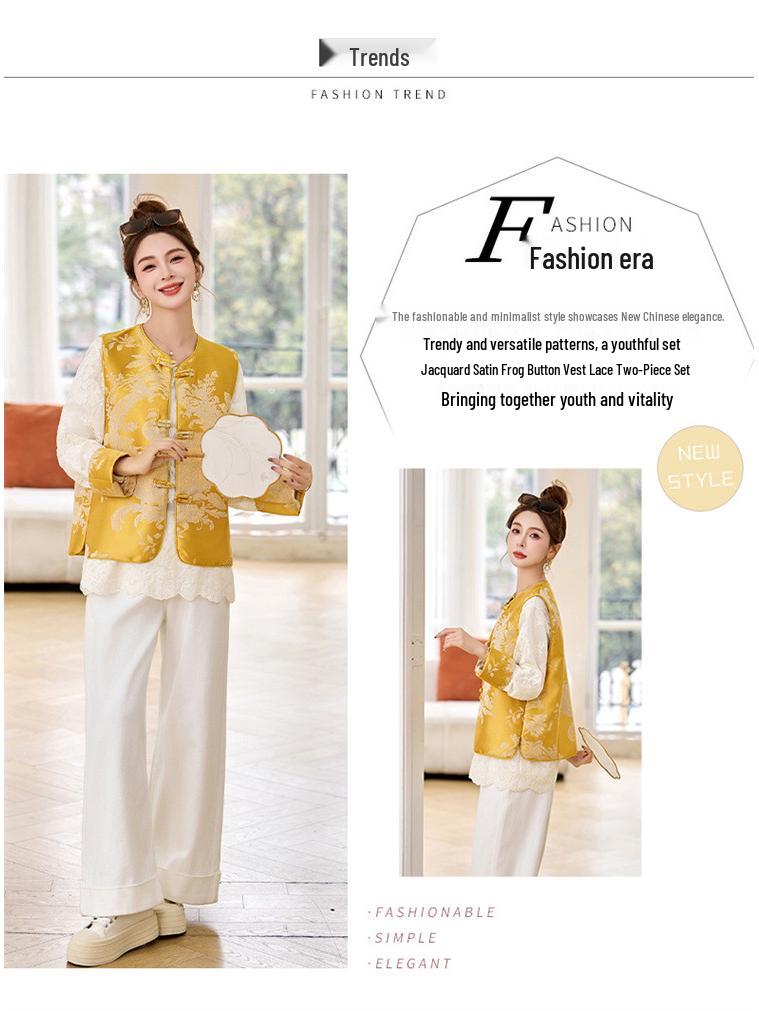 2025 Women's Chinese Style Jacquard Lace Top with Frog Button Sleeveless Vest