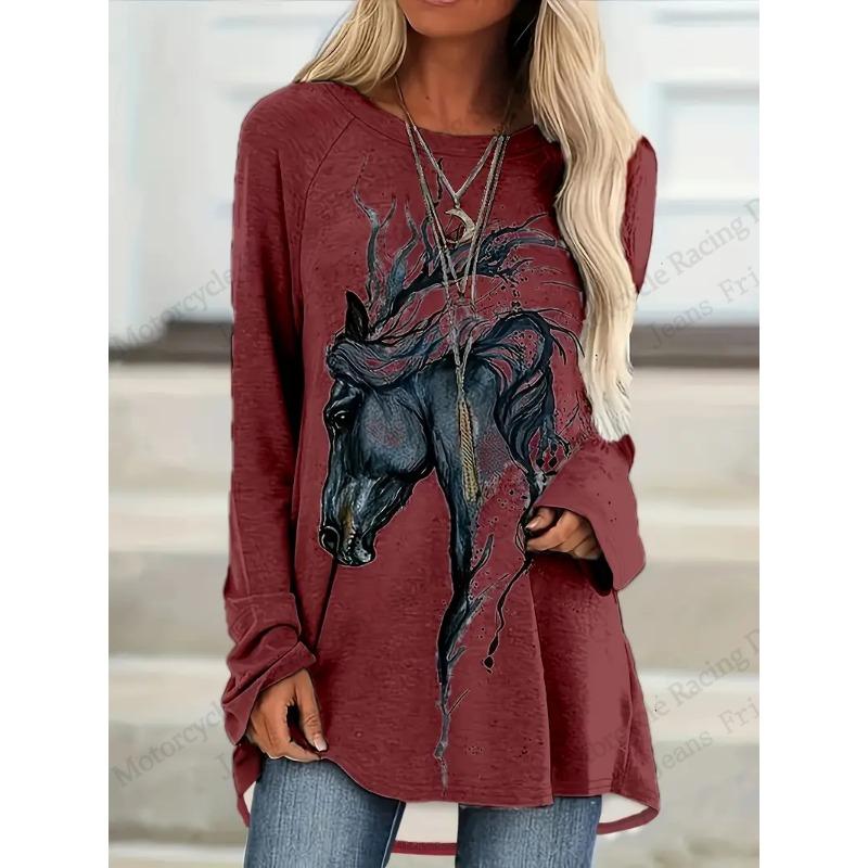 

Винтажные Животные Волк 3D Принт Футболки с Длинным Рукавом Женская Мода Оверсайз Футболка Женские Футболки Топы Длинные Туники Осень Этнический XL