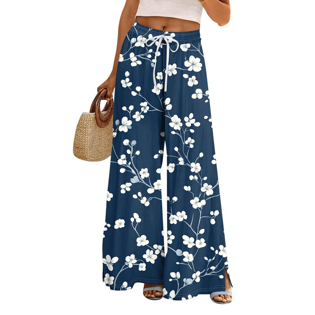 Women's Printed Wide Leg Pants With Pockets High Waist Drawstring Loose Casual Pants