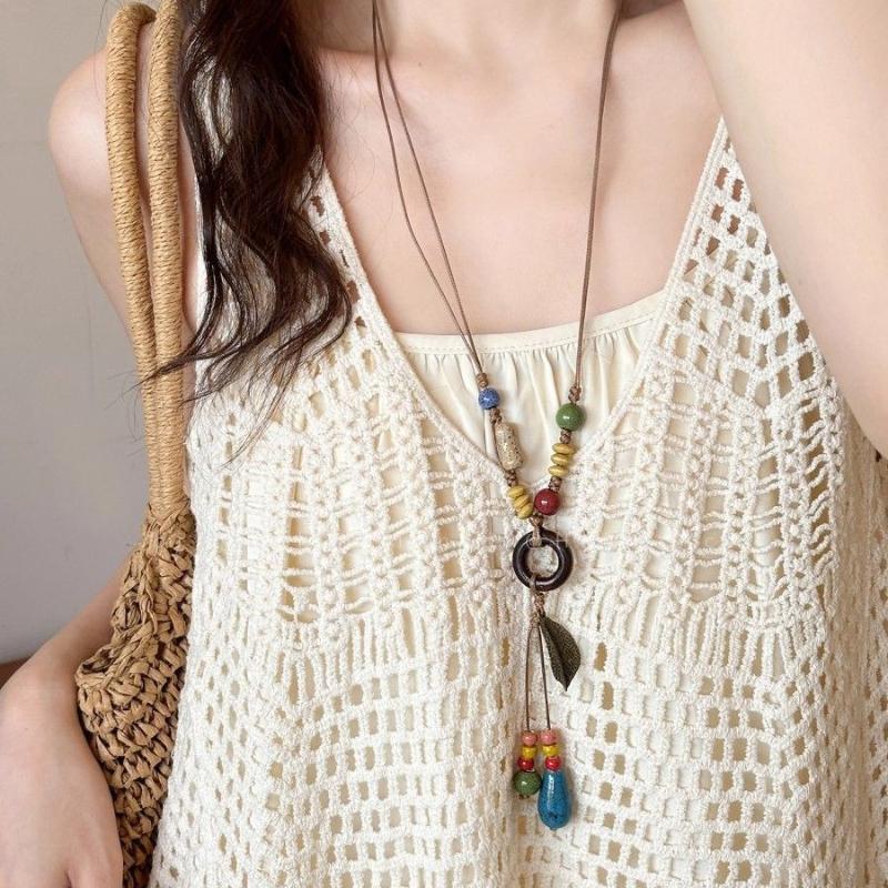 Chinese Style Ceramic Bead Pendant Necklace For Women Round Leaf Long Sweater Chain Necklace Aesthetic Jewelry Gift