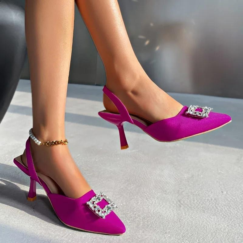 Fashion Luxury Rhinestone Women's Sandals 2025 New Brand Designer Womenswear Sexy Pointed High Heels Elegant Slip on Party Dress Sandals