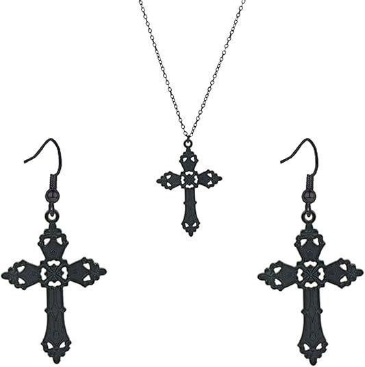 

2pcs Set Gothic Punk Baroque Hollowed-out Cross Pendant Necklace Earrings for Women Halloween Party Retro Vampire Jewelry Sets чёрный