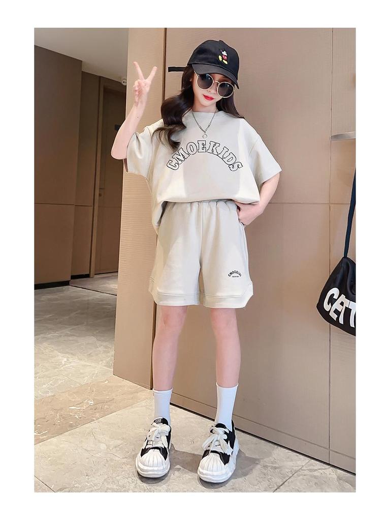 Summer 2025 Girls' Fashion Streetwear: Big Kids' Sporty Two-Piece Short-Sleeve Set