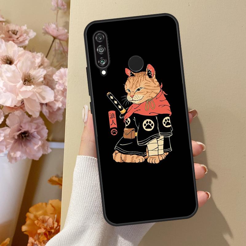 Ukiyo-e Kot Samuraj Neko Ramen Etui Dla Huawei P40 Lite P20 P50 P30 Pro P Smart Z 2019 Nova 5T Pokrowiec Dla Honor 50 Etui